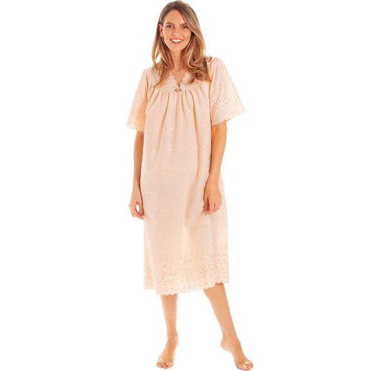 V Neck Broderie anglaise Poly Cotton Short Sleeve Nightdress
