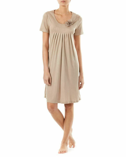 Silk Blend Short Sleeve Gathered Neckline Nightdress -Cashmere -12