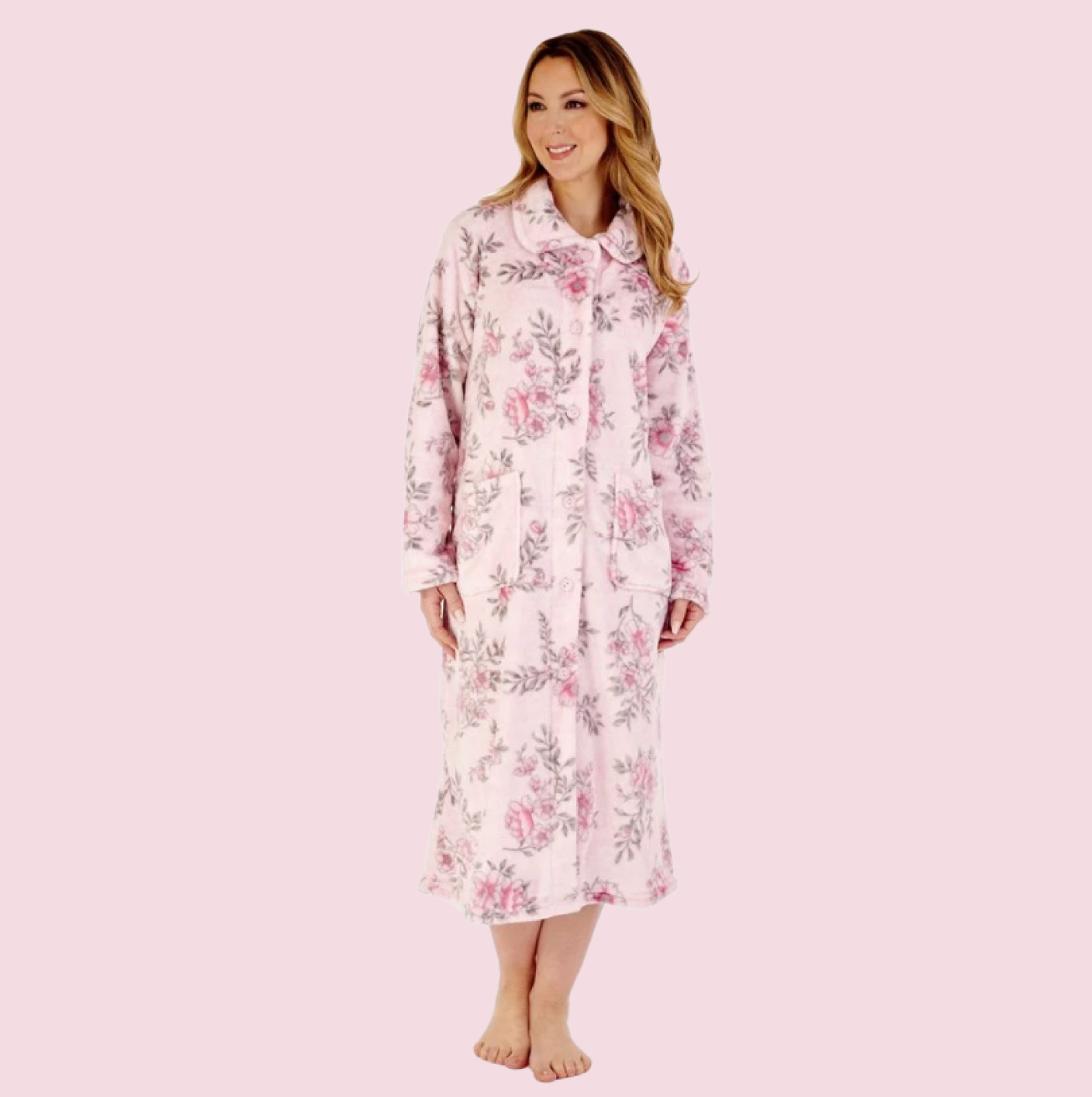 46" Floral Flannel Fleece Button Through Housecoat