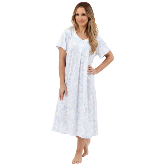 Poly Cotton Jersey Floral Print Pleat Front Short Sleeve 45" Nightdress