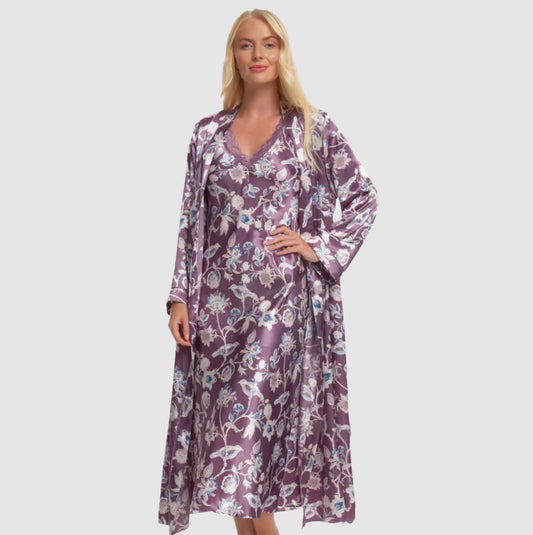 Beautiful Plain Purple Floral Satin Dressing Gown Robe