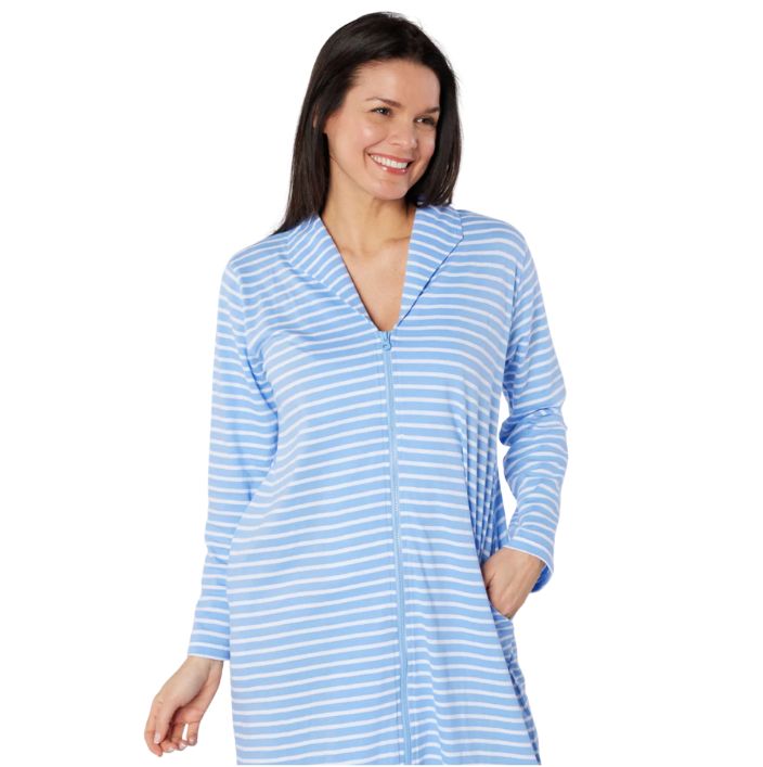 100% Cotton Jersey Zipped Front Stripe Dressing Gown