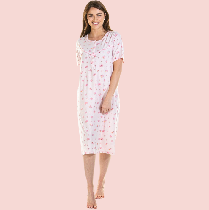 Pink Blush Floral Print Jersey Short Sleeved Nightdress
