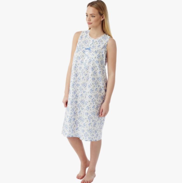 Lightweight Poly-Cotton Sleeveless Floral Nightdress - Blue Sprig - Size 28/30 only