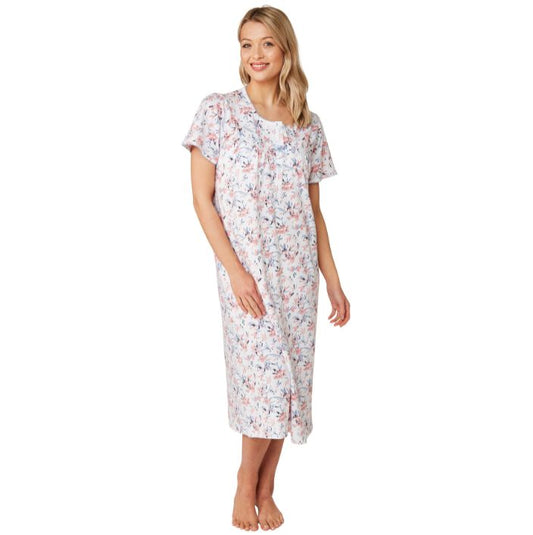 100% Cotton Jersey Short Sleeve Print Nightdress - Coral - 8/10