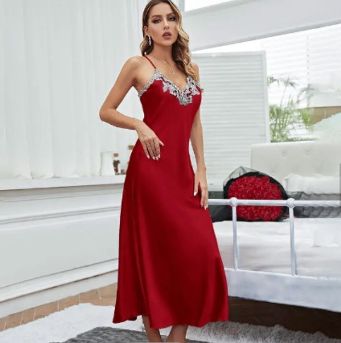 Long Satin Embroidered Spaghetti Strap Chemise Nightdress - 4 Colours