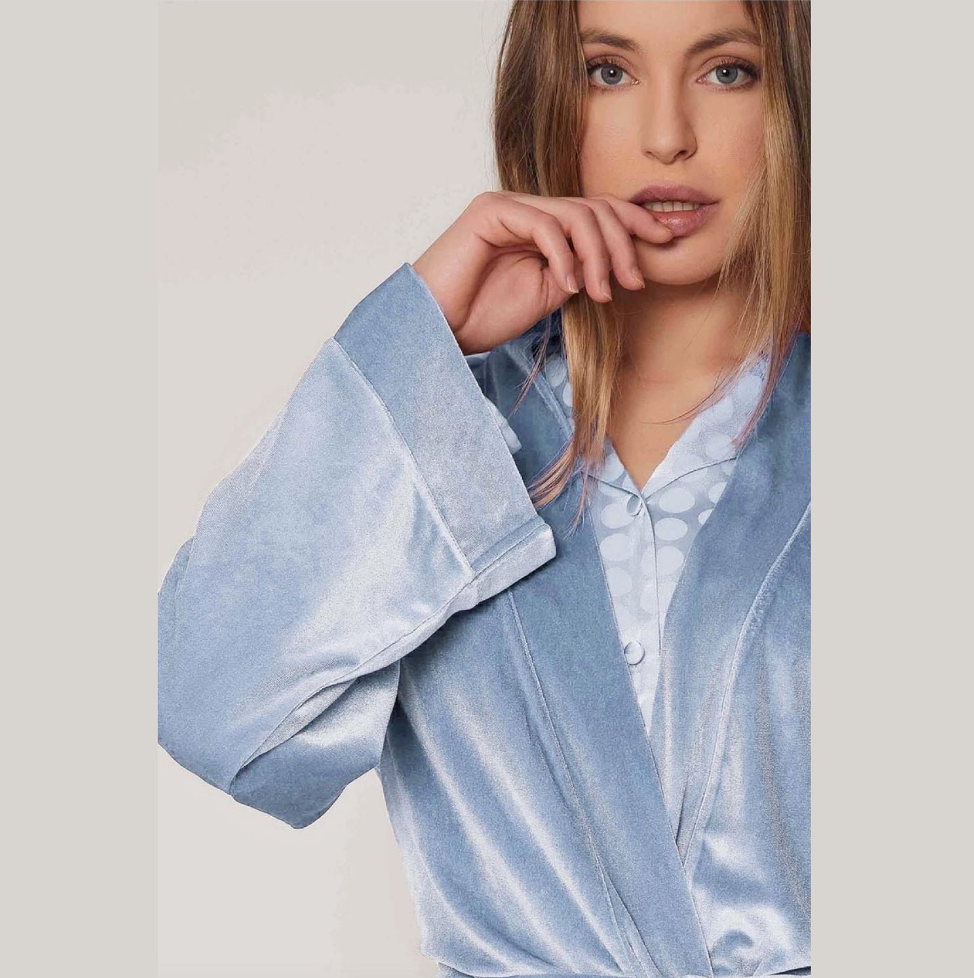 China Blue Velour Dressing Gown / Bedjacket - Pure NightChina Blue Velour Dressing Gown / Bedjacket