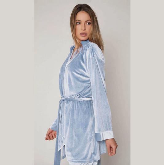 China Blue Velour Dressing Gown / Bedjacket - Pure NightChina Blue Velour Dressing Gown / Bedjacket