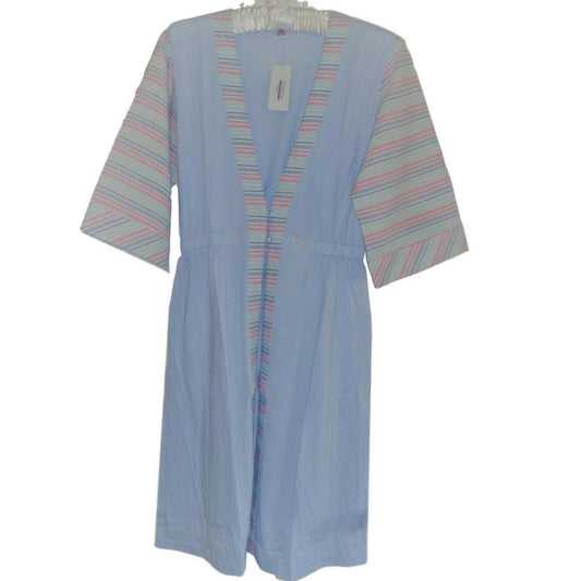 Cotton Blend Jersey with Cotton Stripe Contrast Housecoat - Blue or Pink - Pure NightCotton Blend Jersey with Cotton Stripe Contrast Housecoat - Blue or Pink
