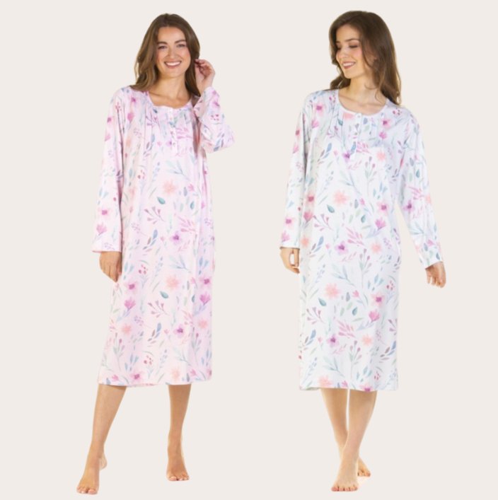 Floral Jersey Knit Long Sleeve Nightdress - Pure NightFloral Jersey Knit Long Sleeve Nightdress