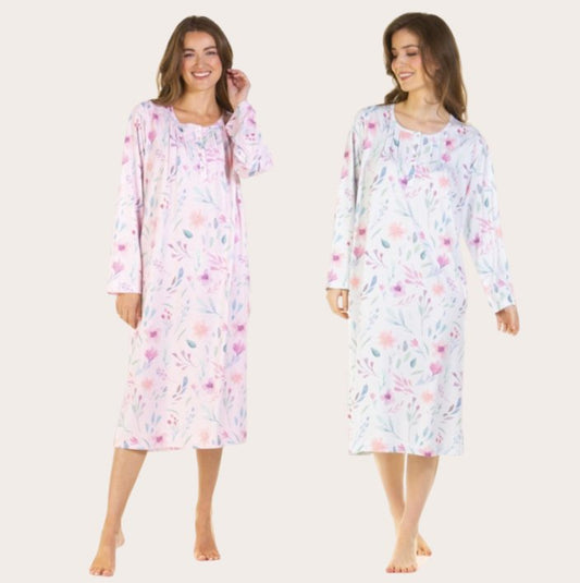 Floral Jersey Knit Long Sleeve Nightdress - Pure NightFloral Jersey Knit Long Sleeve Nightdress