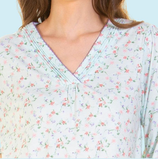 Pleated Susan Cotton Rich Long Sleeve Nightdress - Ivory or Aqua - Pure NightPleated Susan Cotton Rich Long Sleeve Nightdress - Ivory or Aqua