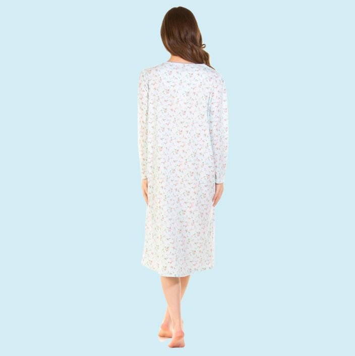 Pleated Susan Cotton Rich Long Sleeve Nightdress - Ivory or Aqua - Pure NightPleated Susan Cotton Rich Long Sleeve Nightdress - Ivory or Aqua