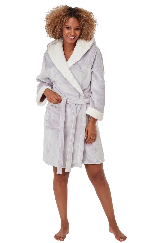 Sherpa Fleece Hooded Wrap Dressing Gown - Rose or Denim - Pure NightSherpa Fleece Hooded Wrap Dressing Gown - Rose or Denim