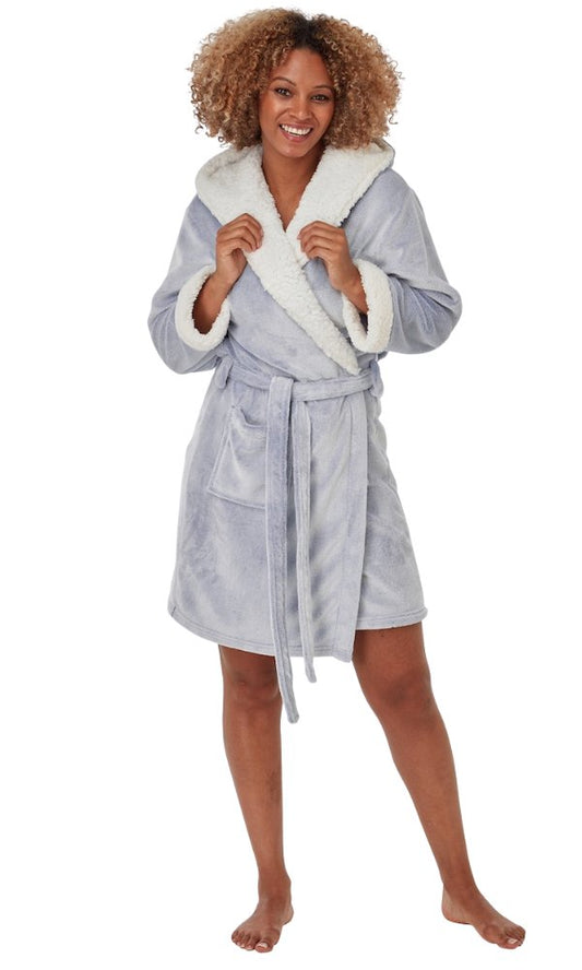 Sherpa Fleece Hooded Wrap Dressing Gown - Rose or Denim - Pure NightSherpa Fleece Hooded Wrap Dressing Gown - Rose or Denim