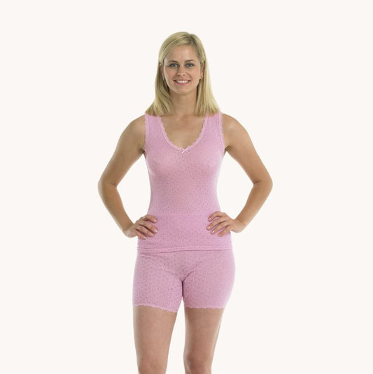 Vedonis Brushed Thermal Lace Edged Pantee - L & XL - Pink - White - Pure NightVedonis Brushed Thermal Lace Edged Pantee - L & XL - Pink - White