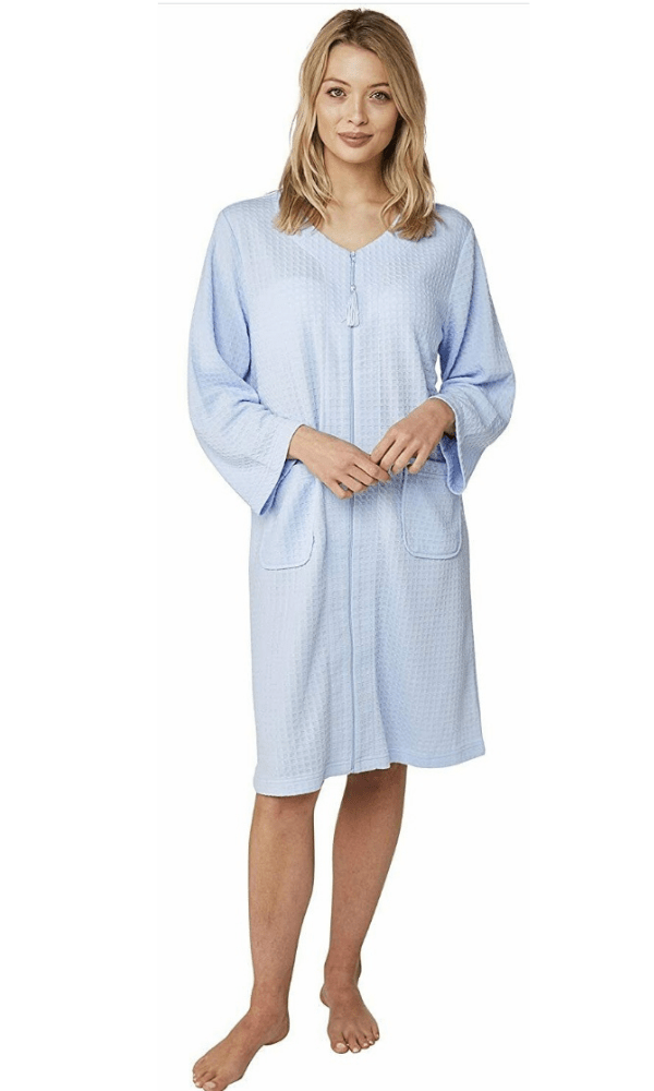 Marlon Dressing Gown Zip Front Ladies Houndstooth Waffle Robe - Pink - Blue - White - S/M/L