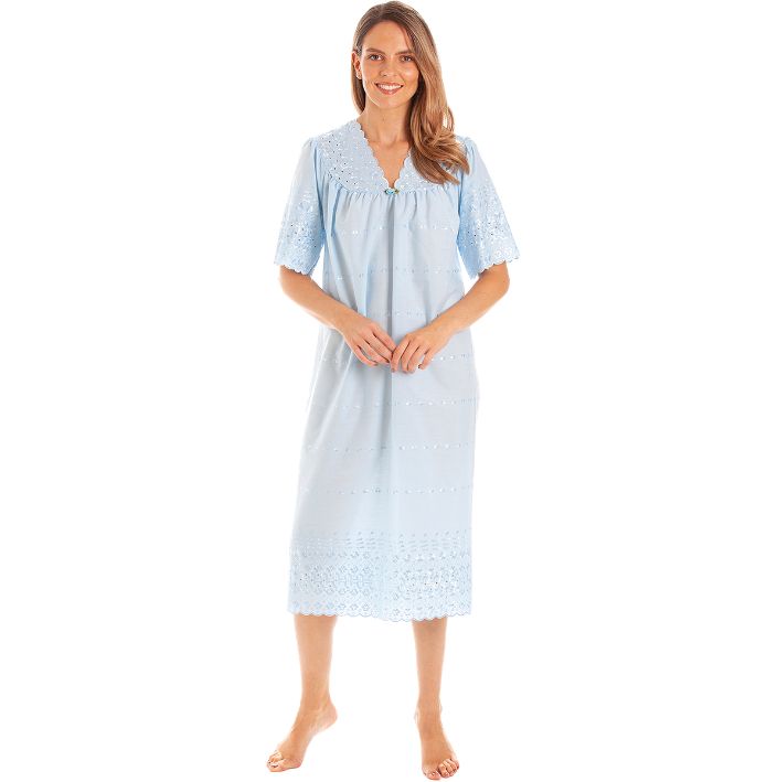 V Neck Broderie anglaise Poly Cotton Short Sleeve Nightdress