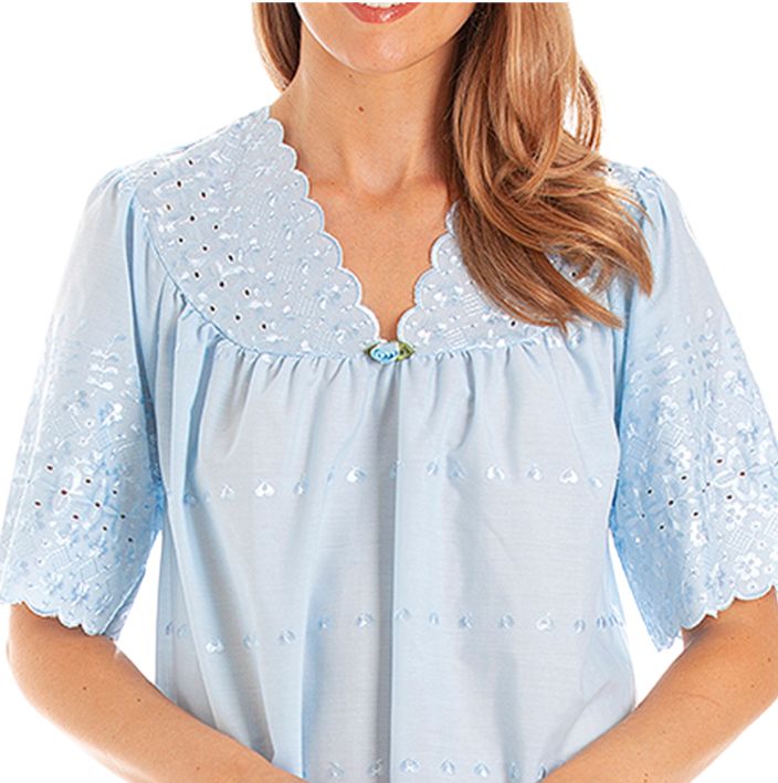 V Neck Broderie anglaise Poly Cotton Short Sleeve Nightdress