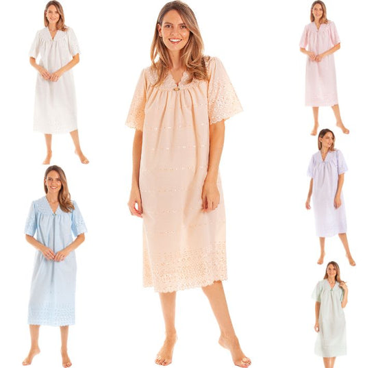 V Neck Broderie anglaise Poly Cotton Short Sleeve Nightdress