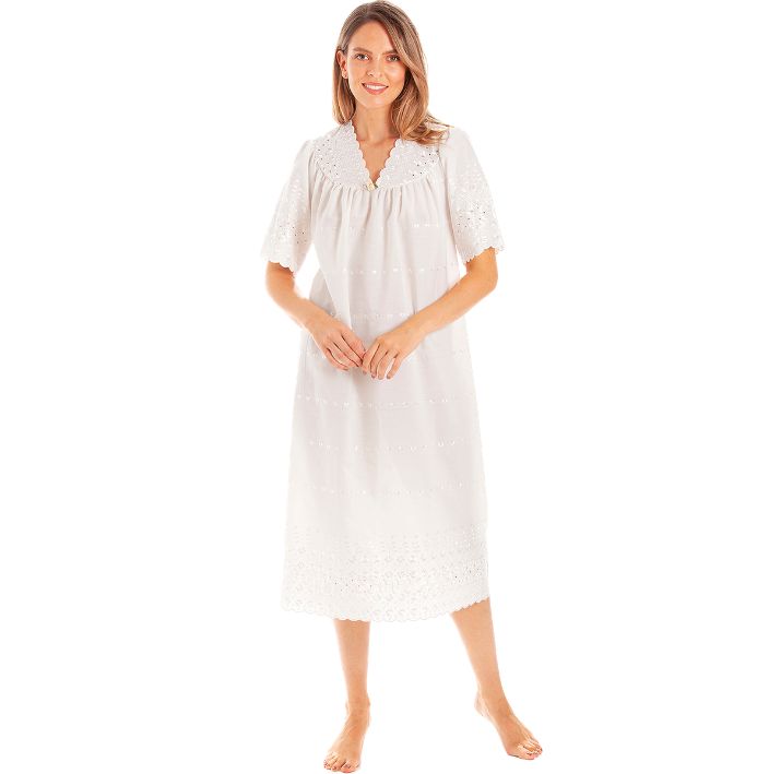 V Neck Broderie anglaise Poly Cotton Short Sleeve Nightdress