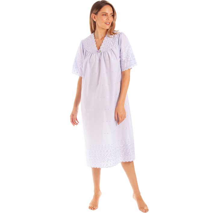 V Neck Broderie anglaise Poly Cotton Short Sleeve Nightdress