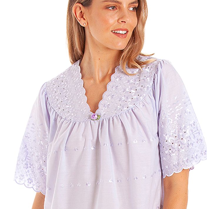 V Neck Broderie anglaise Poly Cotton Short Sleeve Nightdress