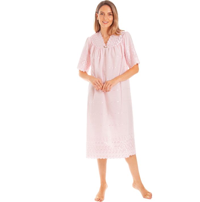V Neck Broderie anglaise Poly Cotton Short Sleeve Nightdress