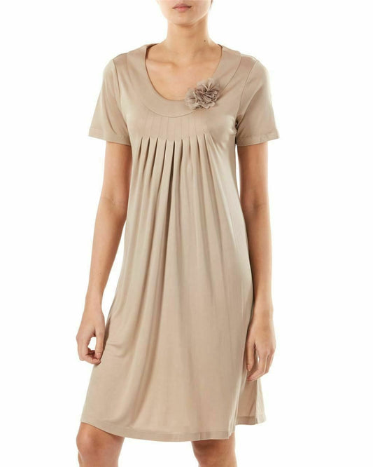 Silk Blend Short Sleeve Gathered Neckline Nightdress -Cashmere -12