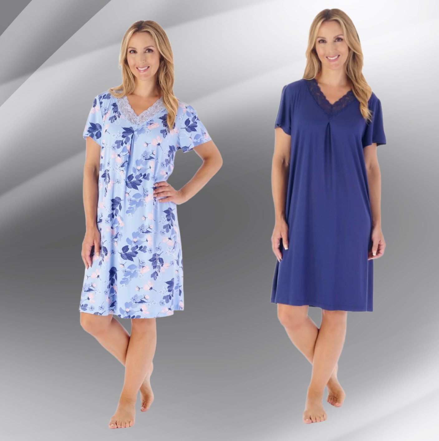 40" Supersoft Floral Or Solid Navy Short Sleeve Nightdress - Pure Night40" Supersoft Floral Or Solid Navy Short Sleeve Nightdress