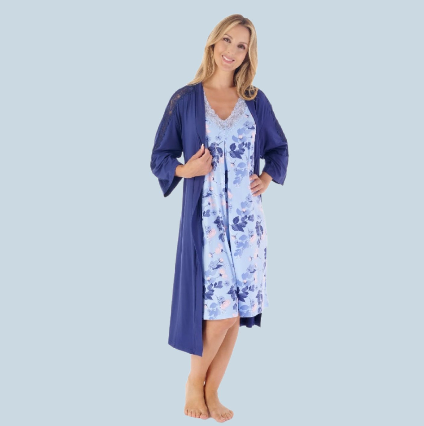 42" Supersoft Floral And Solid Navy Kimono Wrap - Pure Night42" Supersoft Floral And Solid Navy Kimono Wrap