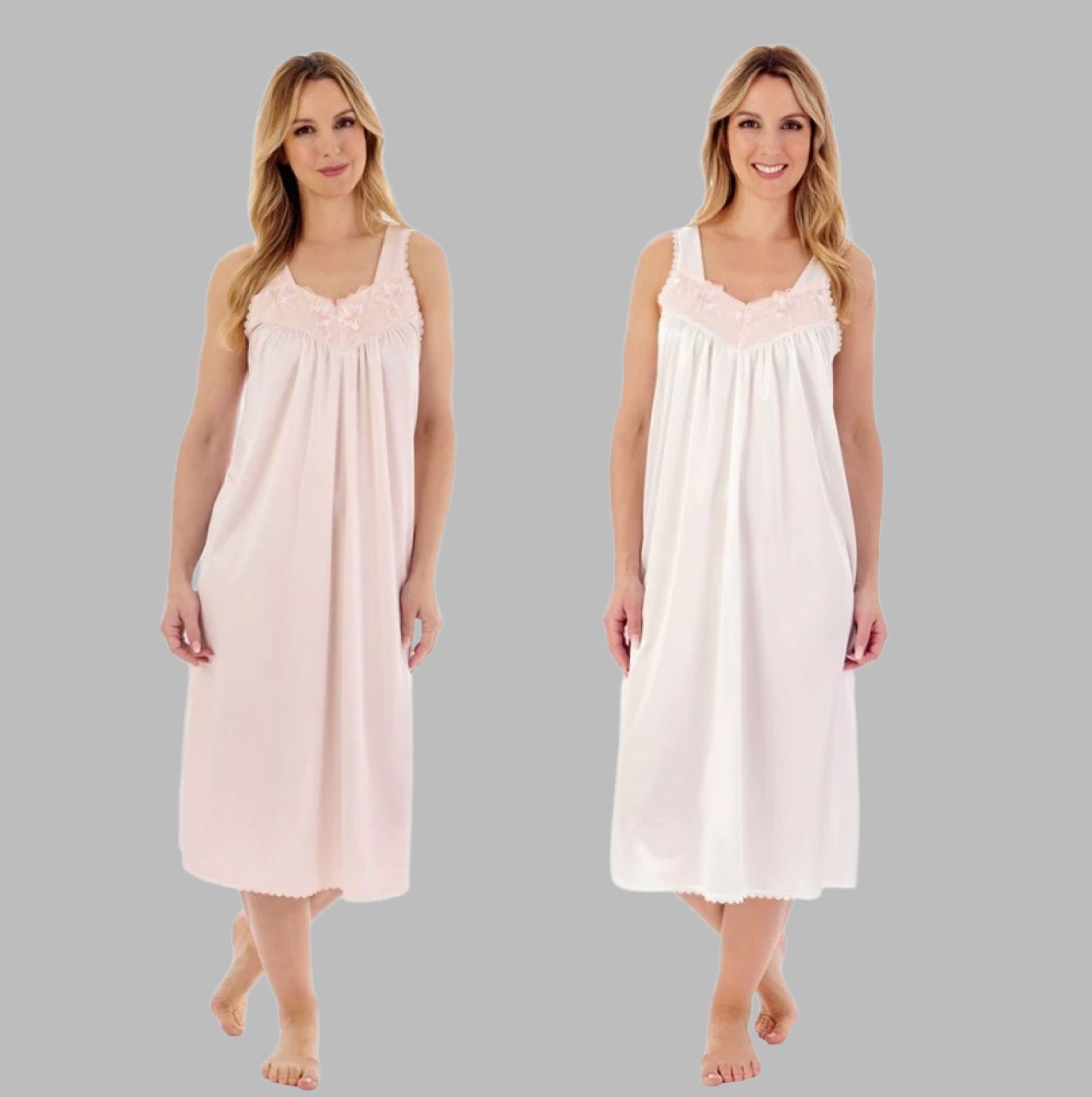 44" Knitted Satin Embroidered Trim Strap Nightdress - Pure Night44" Knitted Satin Embroidered Trim Strap Nightdress