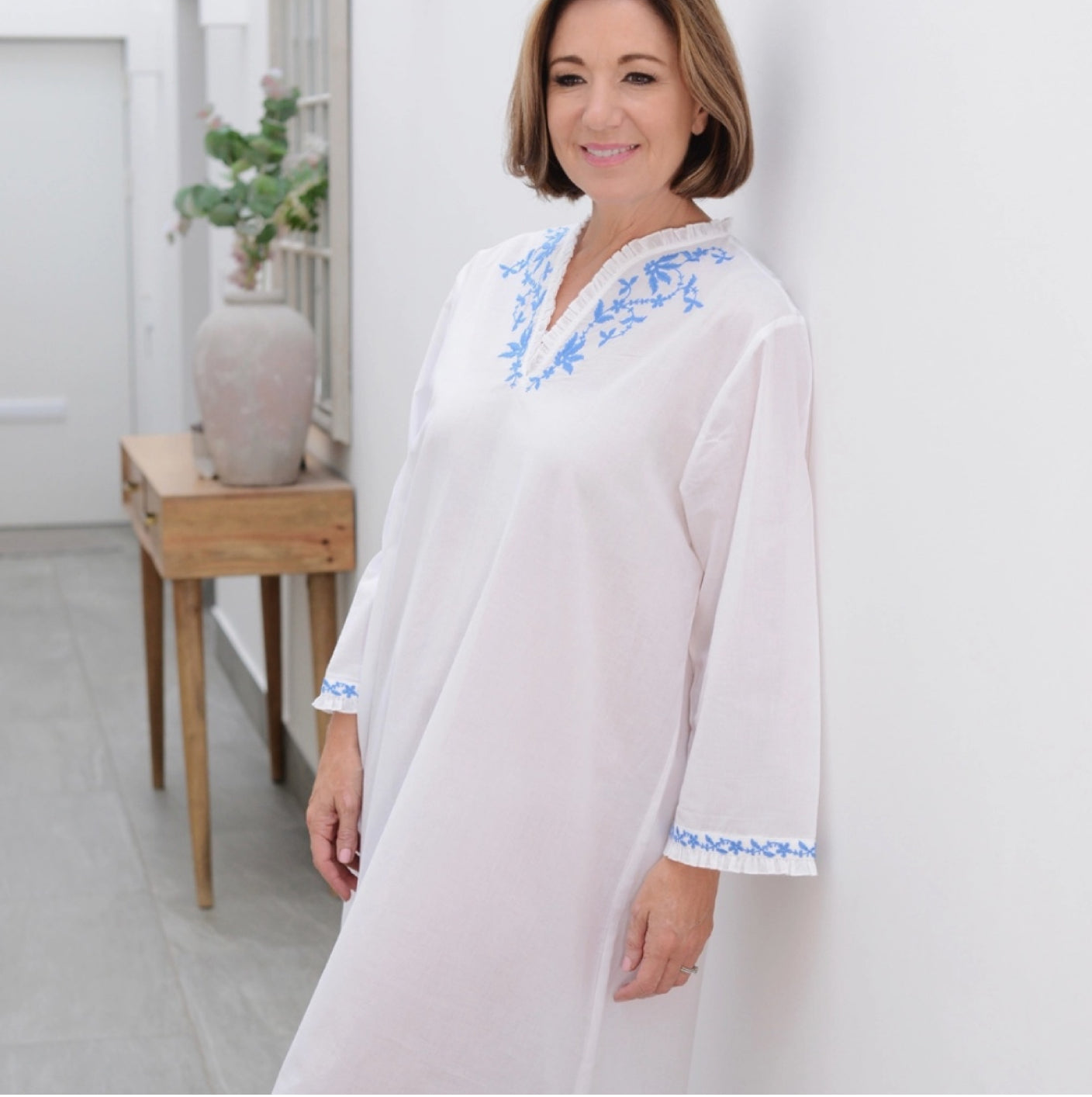 Long Sleeved 100% Cotton Nightdress with Blue Embroidery