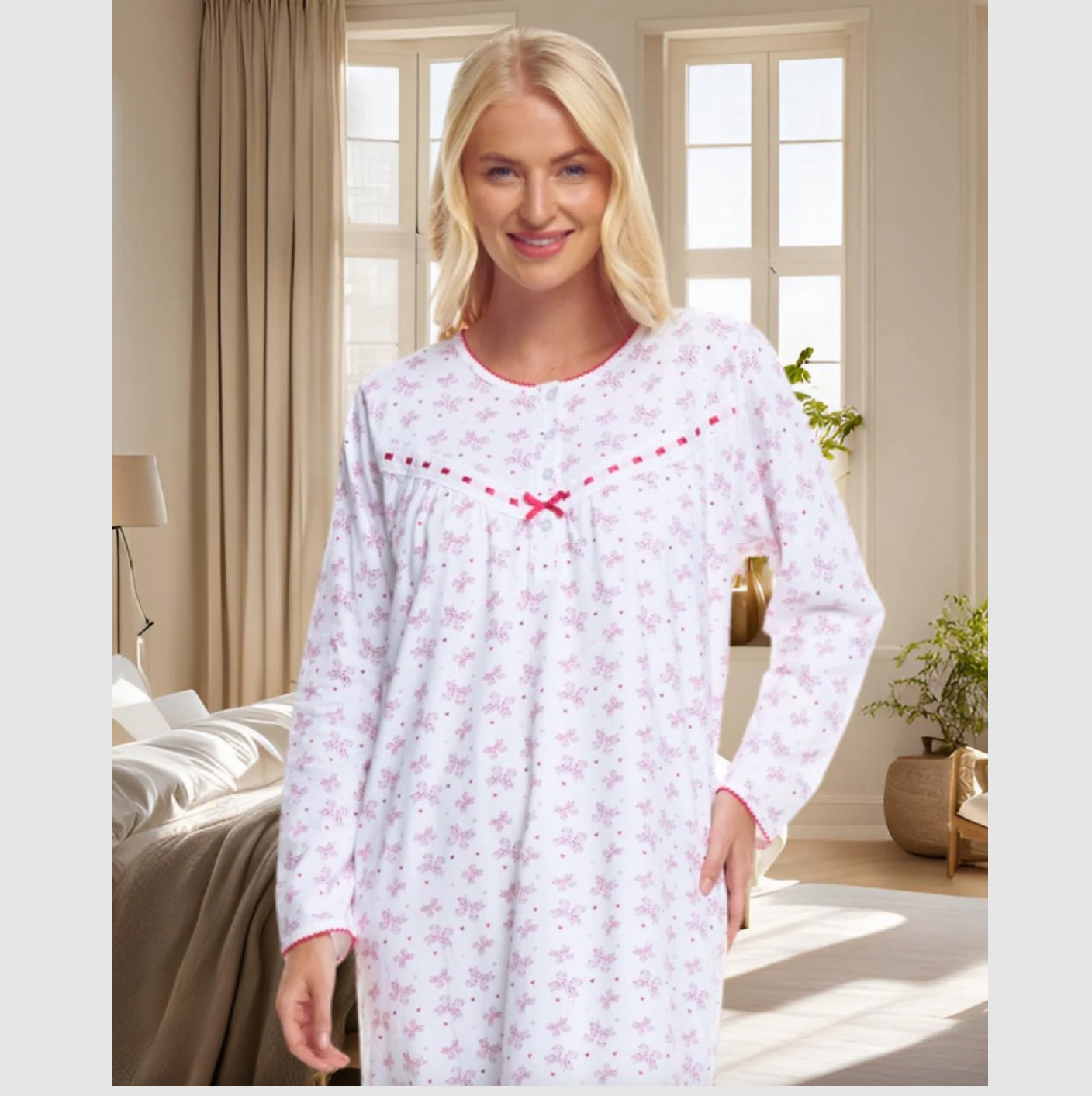 100% Cotton Butterfly Print Long Sleeve Nightdress