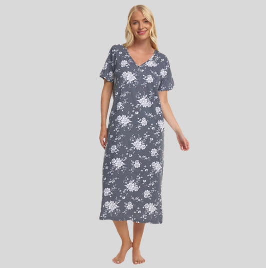 100% Cotton Jersey Short Sleeve Grey Floral Print Nightdress