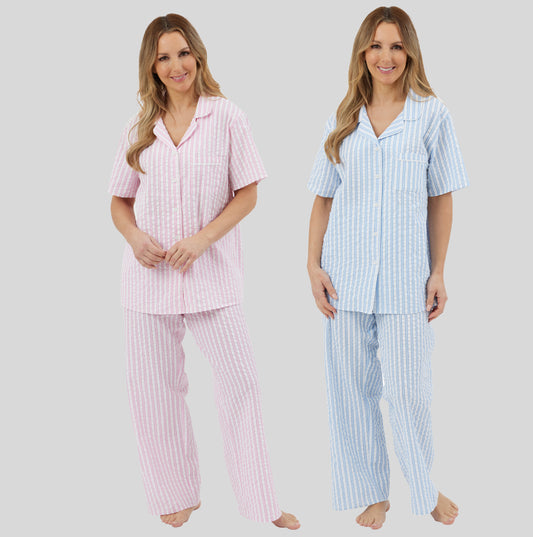 100% Woven Cotton Seersucker Stripe Short Sleeve Pyjamas