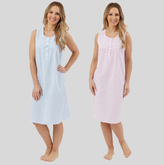 100% Cotton Sleeveless 40" Seersucker Stripe Nightdress