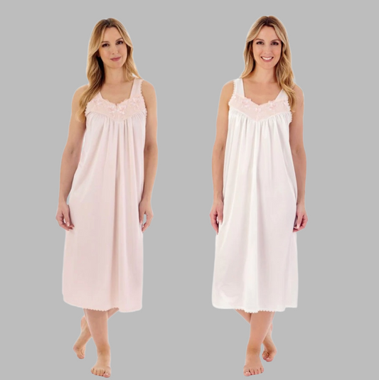 44" Knitted Satin Embroidered Trim Strap Nightdress