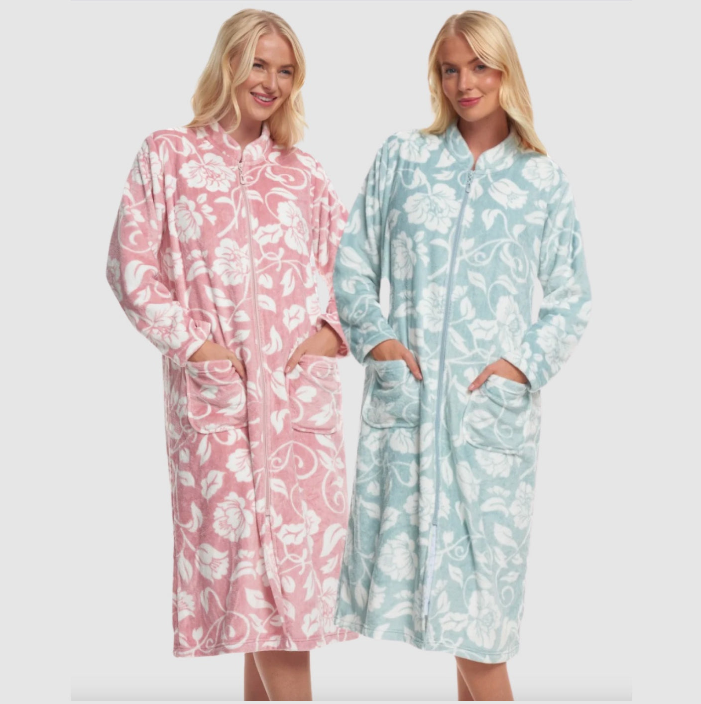 Pretty Floral Fleece Zip Front Dressing Gown
