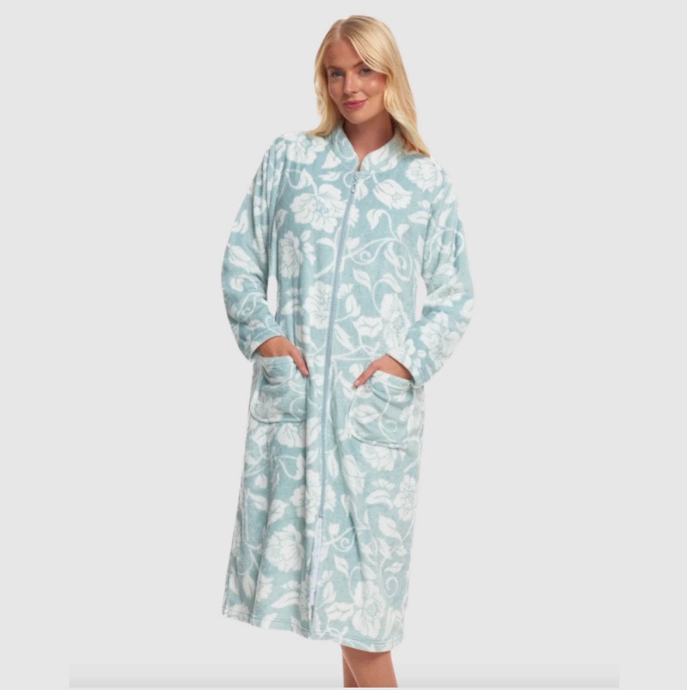 Pretty Floral Fleece Zip Front Dressing Gown