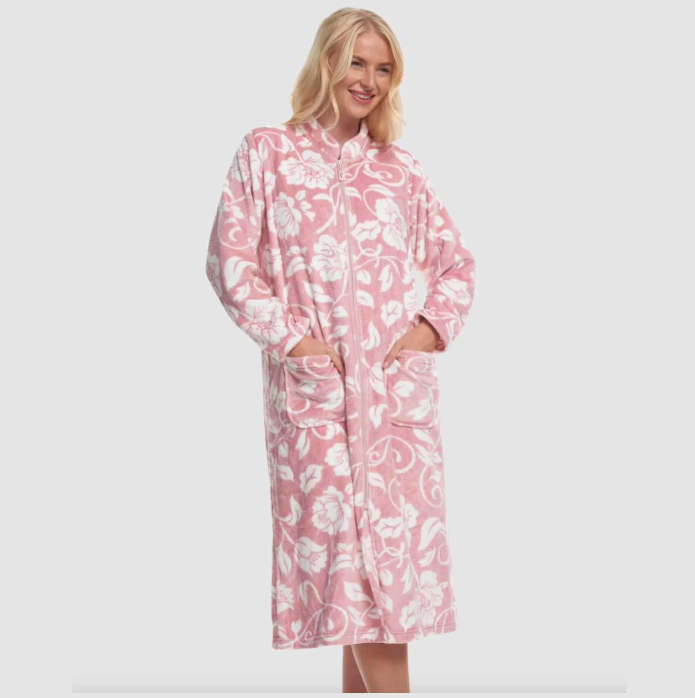 Pretty Floral Fleece Zip Front Dressing Gown