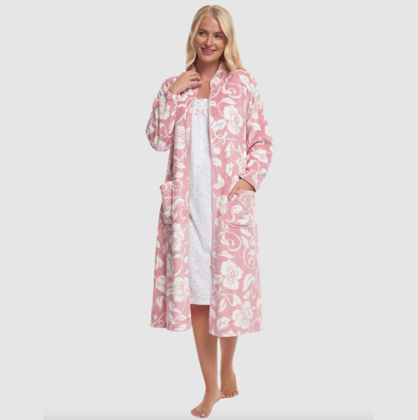 Pretty Floral Fleece Zip Front Dressing Gown