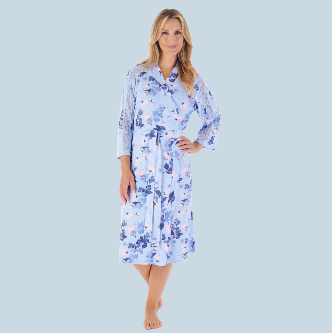 42" Supersoft Floral And Solid Navy Kimono Wrap