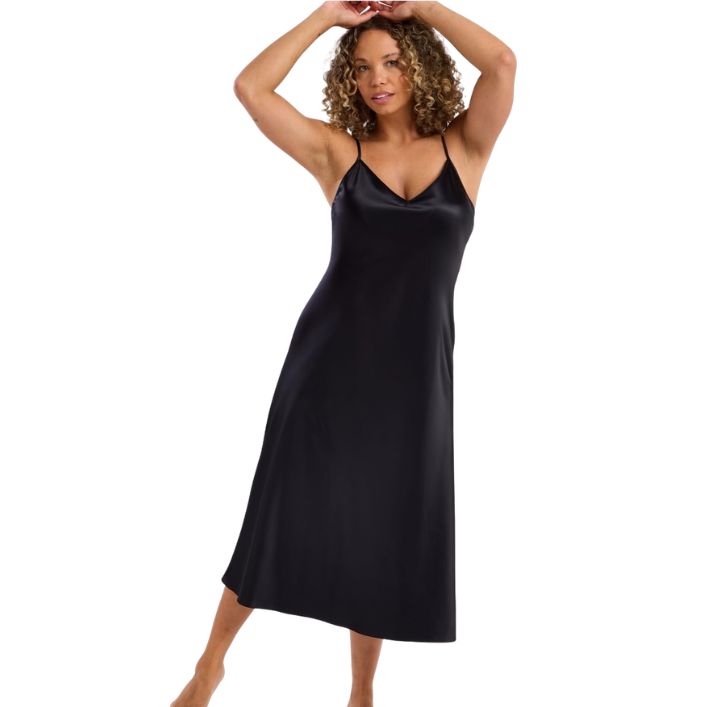 Long Satin Chemise Nightdress - Black Pearl & Navy