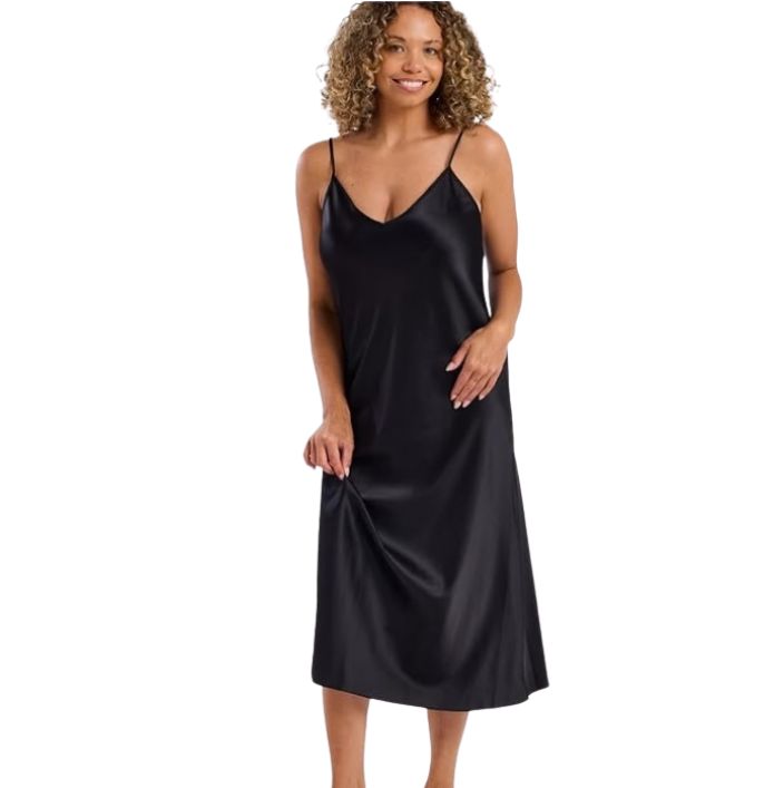 Long Satin Chemise Nightdress - Black Pearl & Navy