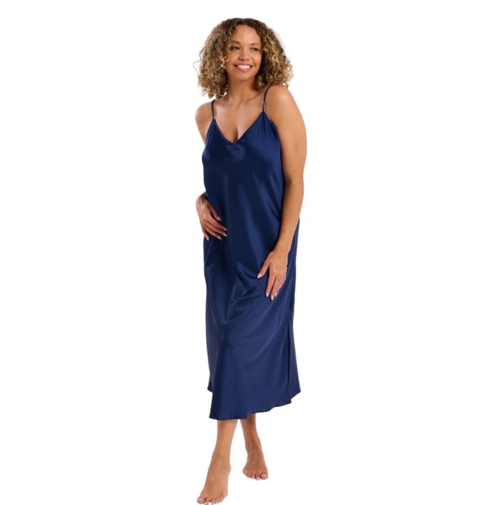 Long Satin Chemise Nightdress - Black Pearl & Navy