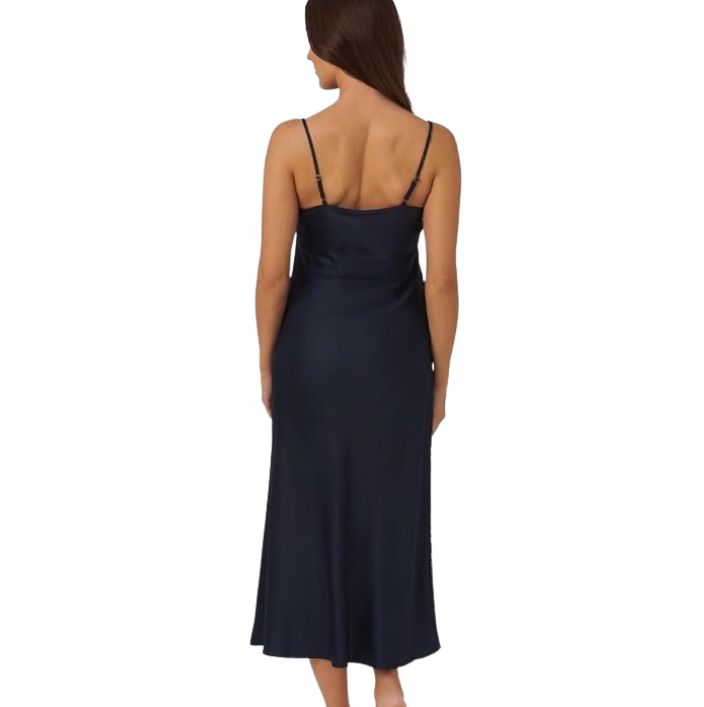 Long Satin Chemise Nightdress - Black Pearl & Navy