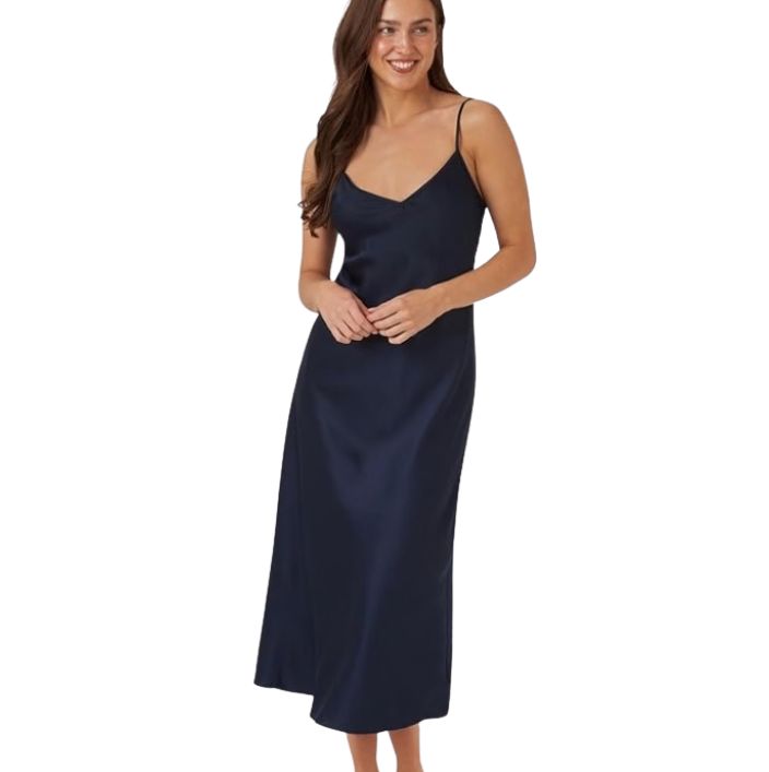Long Satin Chemise Nightdress - Black Pearl & Navy