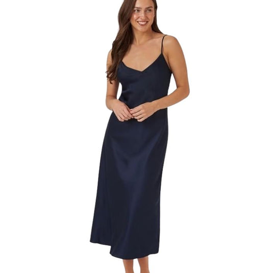 Long Satin Chemise Nightdress - Black Pearl & Navy