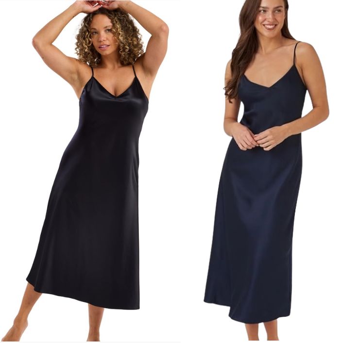 Long Satin Chemise Nightdress - Black Pearl & Navy